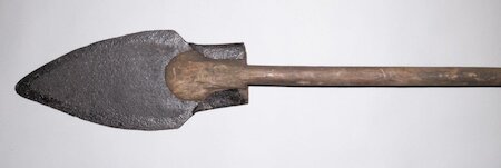 There were no special killing tools, just the available farm implements.  Hunters stabbed with peat cutters, hayforks, or boathooks; this ditching spade from Orkney has sharpened edges. In the Hebrides, arrows and swords were still used in the 17th century whale hunts.