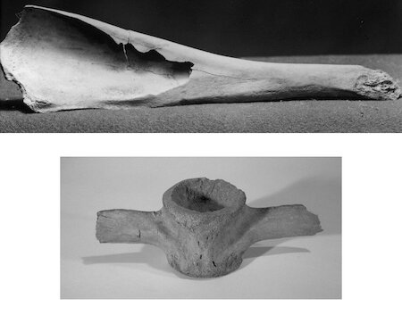Islanders made whale bones into tools of all kinds.  This cup is 2,000 years old, and was left unfinished. A porpoise jawbone commonly made a grain scoop, but this one was used to dig a hole to bury a spectacular Celtic silver treasure in Shetland!